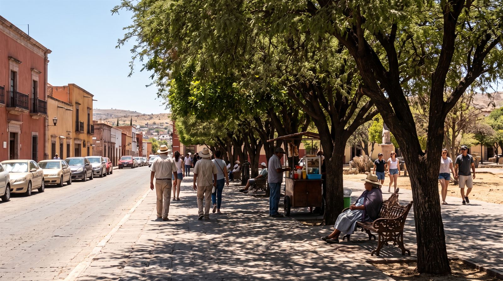 Calle empedrada de un centro histórico con grandes árboles que dan sombra a las personas que caminan y a una señora sentada en una banca